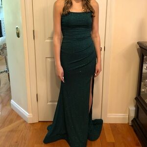 Sparkling Teal Strap Evening Gown with Side Slit